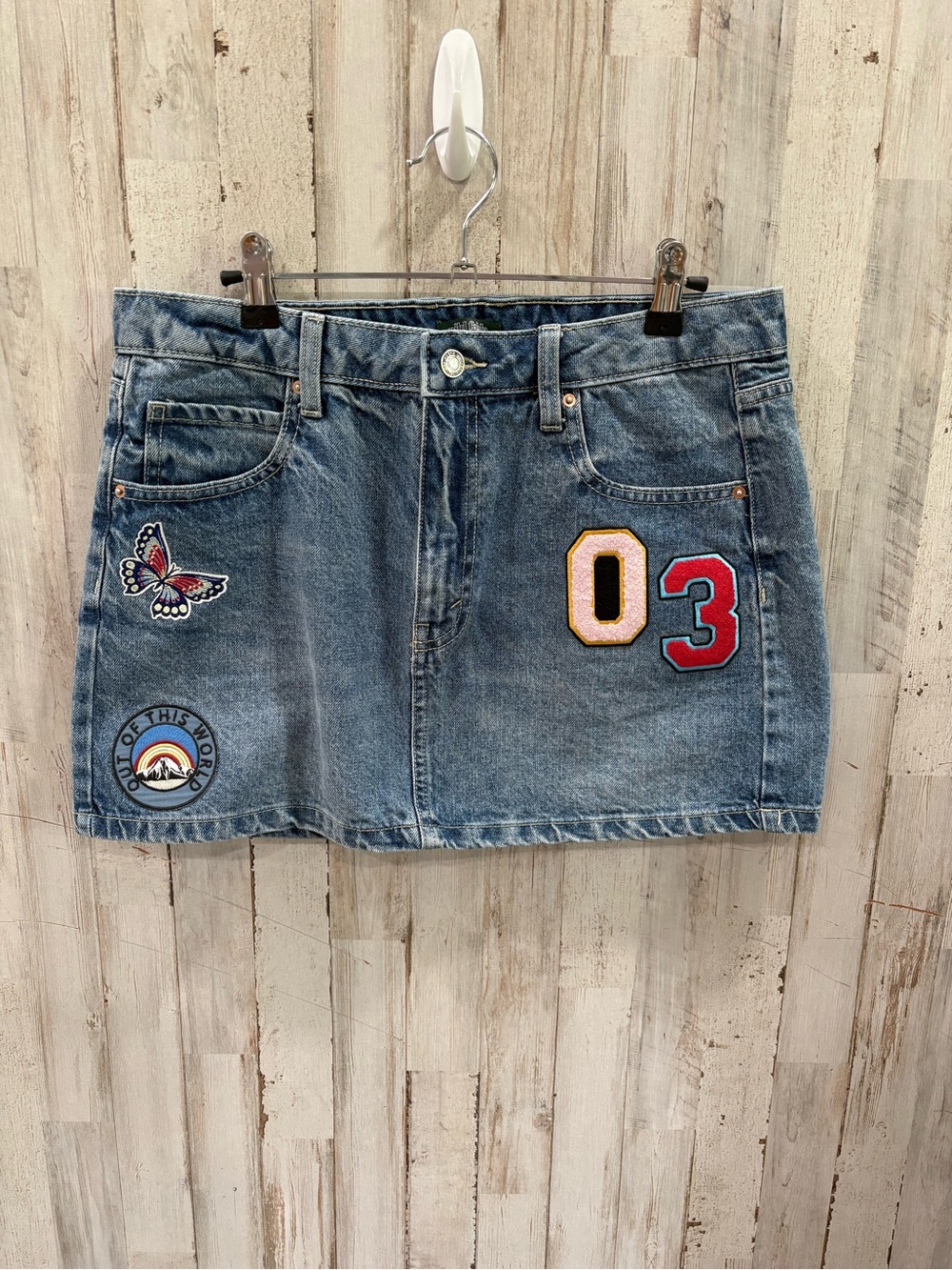 Wild Fable Denim Mini Size 8 Blue Patch Embellished Y2K Butterfly Jean Skirt